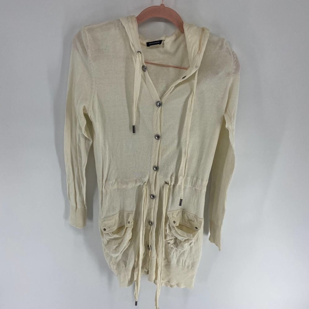 Magaschoni cream white snap closure hooded sweater tie waist womens xs